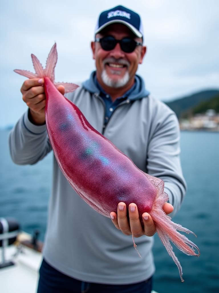 鈴木さんが釣り上げた大きなアオリイカの写真。